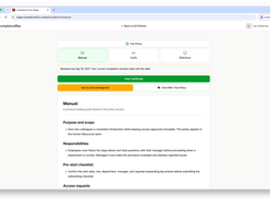 Compliance Flux policy manual page with Full Policy, Manual, Audio, and Slideshow options, a certificate button, quiz acknowledgement, and onboarding-policy guidance.