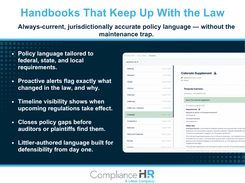 Build and maintain employee handbooks with Littler-authored policy language covering national and state-specific requirements. When a law changes, the platform flags what changed and why, redlines the affected policy, and shows on a 12-month legislative timeline when the new rule takes effect. Policy gaps get closed before an auditor or plaintiff finds them. Pictured: a state supplement in the jurisdiction template library.
