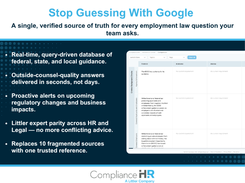 Replace Google searches and conflicting sources with one verified employment law reference. Compare requirements side by side across federal law and all 50 states, covering topics from background checks to final pay, paid sick leave, and minimum wage. Everything is written in plain language by Littler attorneys. Proactive alerts flag upcoming changes, and HR and Legal work from the same answers instead of competing interpretations.