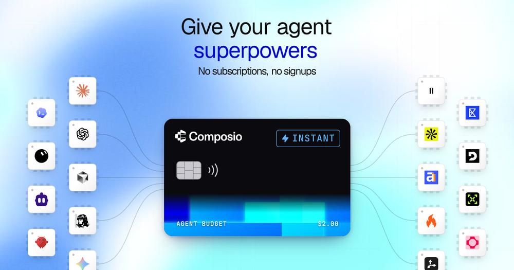 Promotional diagram showing a Composio Instant payment card with an agent budget of $2.00, connected by lines to app icons on both sides beneath the text “Give your agent superpowers.”