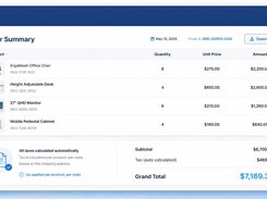 Order Summary screen with office-furniture line items, quantities, pricing, automatic tax calculation, and grand total.
