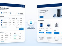 Side-by-side dealer ordering and ecommerce storefront screens showing quick ordering, open orders, featured products, and cart actions.