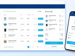 Desktop catalogue and order-cart interface listing cleaning supplies, alongside a mobile reorder screen.