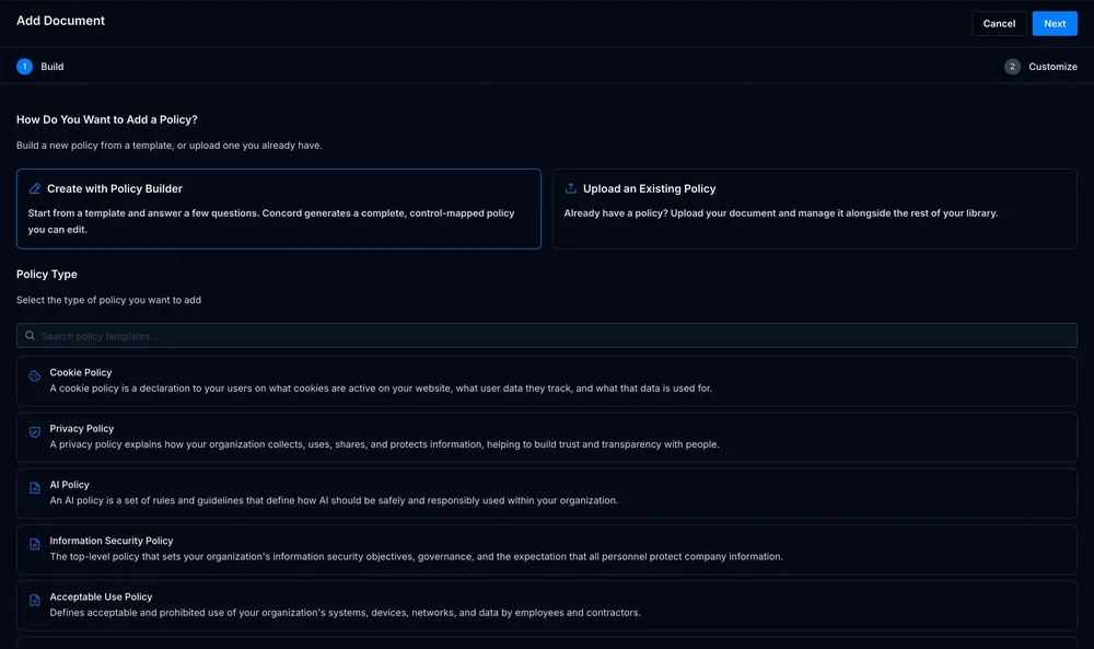 Dark-themed Add Document workflow offering policy-builder and existing-policy upload options, with a policy-type list.