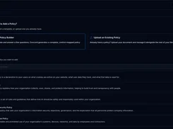 Dark-themed Add Document workflow offering policy-builder and existing-policy upload options, with a policy-type list.