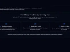RFPs page explaining a three-step workflow to upload a document, generate AI drafts, and review and export responses.