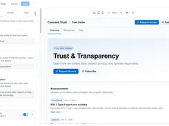 Trust Center content editor with fields for name, hero title, description, and eyebrow text beside a live page preview.