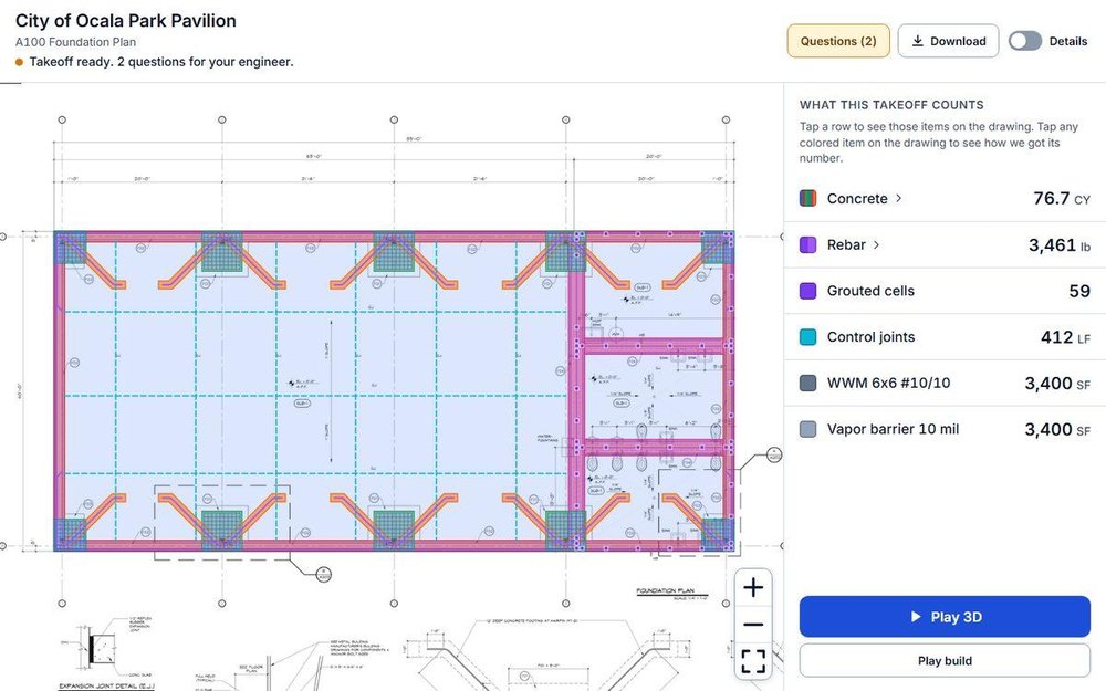 Concrete takeoff interface showing a foundation plan and calculated quantities for concrete, rebar, joints, mesh, and vapor barrier.
