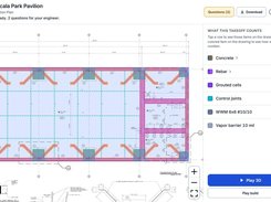 Concrete takeoff interface showing a foundation plan and calculated quantities for concrete, rebar, joints, mesh, and vapor barrier.