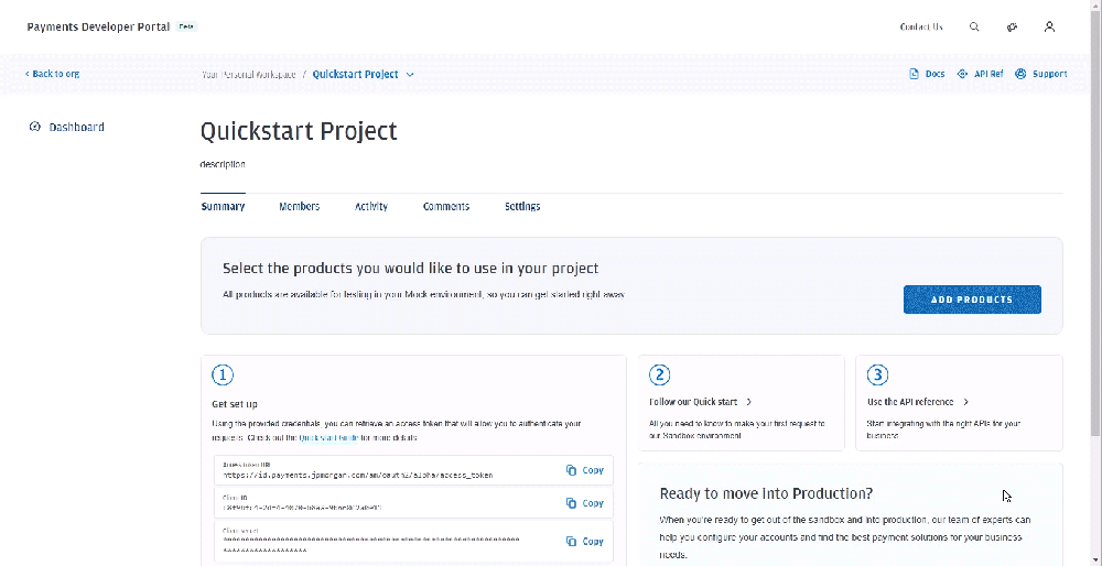 Payments Developer Portal Quickstart Project setup page with product selection and API onboarding steps.