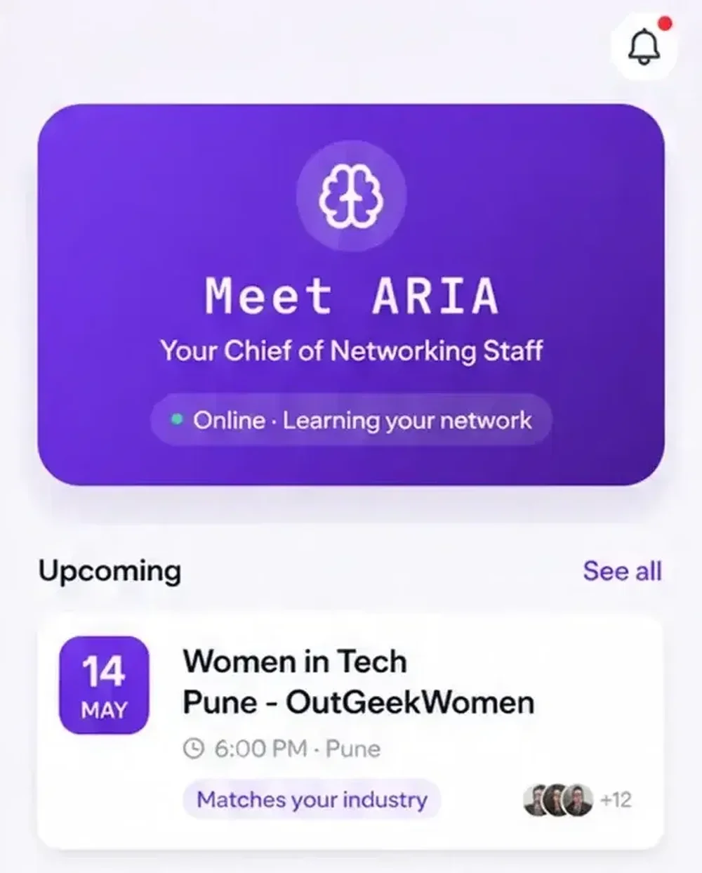 Mobile dashboard introducing ARIA and listing an upcoming Women in Tech event.