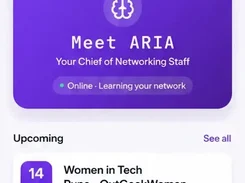 Mobile dashboard introducing ARIA and listing an upcoming Women in Tech event.