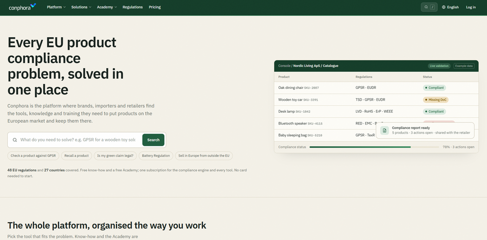 Conphora homepage with the product compliance console