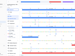 Sequence viewer in the Conspecta genetics workspace: a 16S rRNA sequence with restriction cut sites, annotation tracks, and layer controls in the sidebar. Plasmid maps, GenBank and FASTA import, and annotations linked to samples.