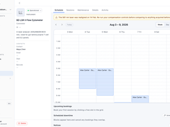 Instrument scheduling in Conspecta: a flow cytometer's Schedule tab with a week of booked sessions and a downtime notice above the grid. Book shared microscopes and cytometers, log maintenance, and report usage hours by project.
