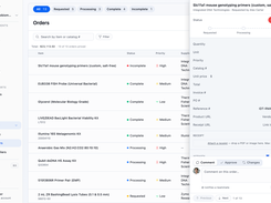 The Conspecta Orders workspace: lab purchase requests tracked as rows from requested to processing to received, with invoices and receipts attached to the order and suppliers saved for reordering.