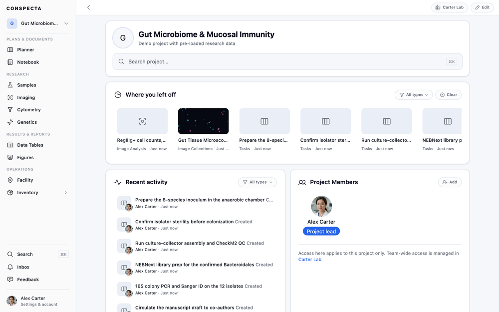 The Conspecta project home page: a "Where you left off" strip of recently touched samples, images, and notes, a filtered activity feed, and the project member list. The lab data management dashboard you start each session from.
