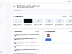 The Conspecta project home page: a "Where you left off" strip of recently touched samples, images, and notes, a filtered activity feed, and the project member list. The lab data management dashboard you start each session from.