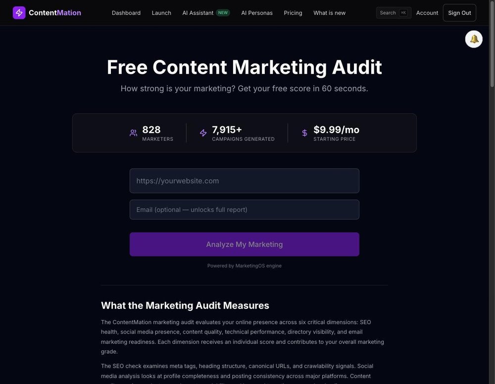 Free marketing audit: score SEO, social, content, technical, directory and email for any site in about 60 seconds, no card required.