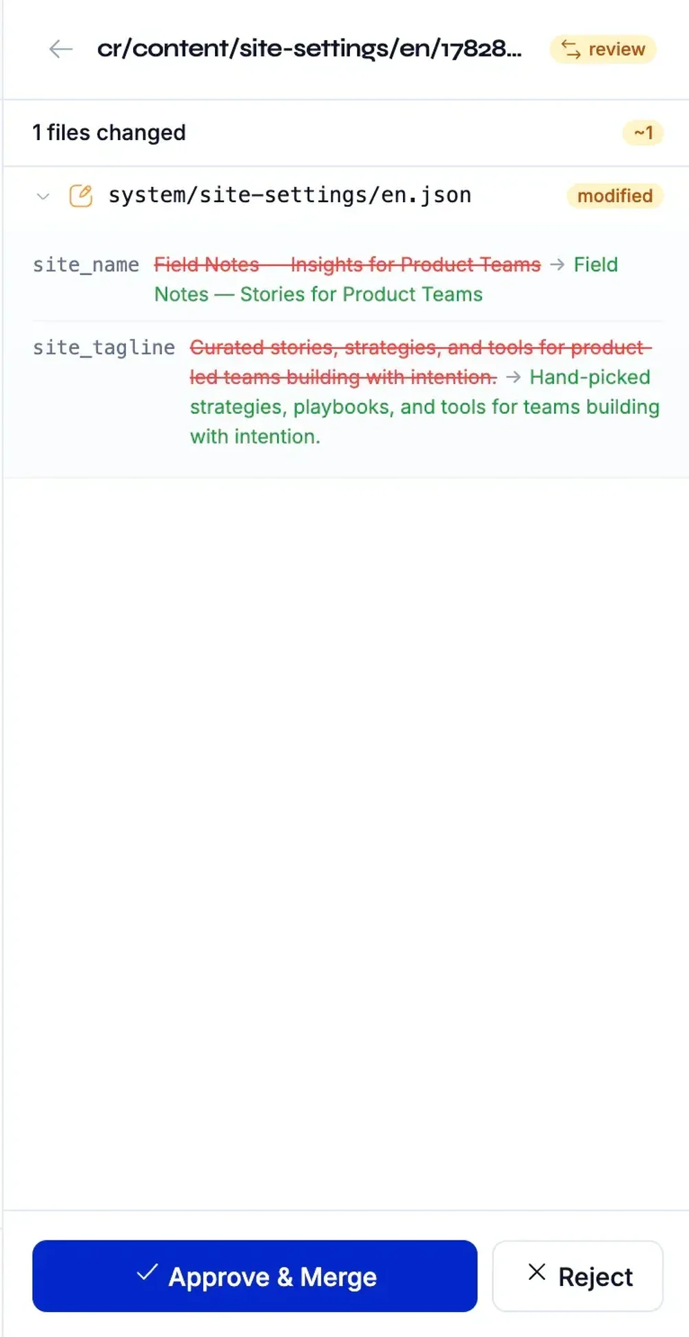 Mobile interface for reviewing a changed JSON file, showing red removed text, green replacement text, and Approve & Merge and Reject buttons.