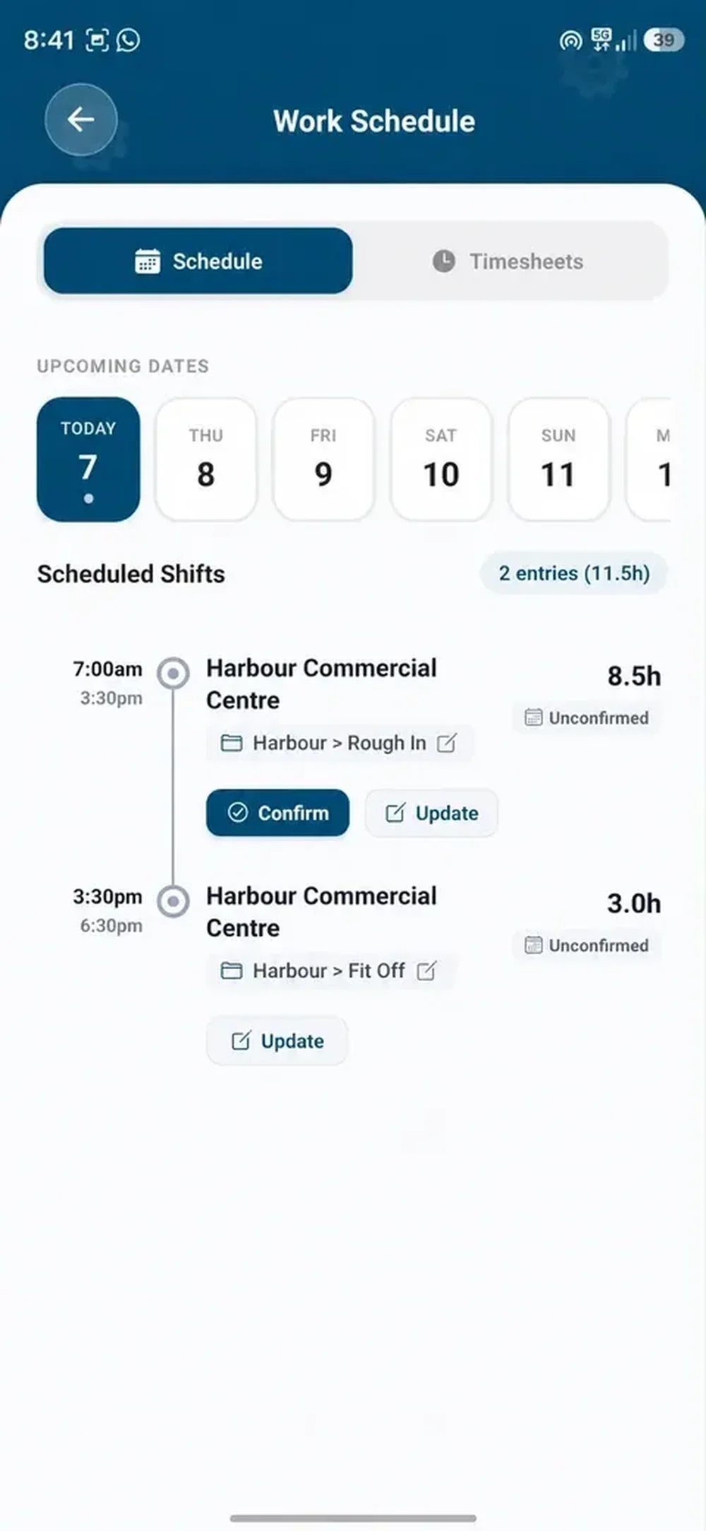 Contractable mobile Work Schedule screen showing upcoming dates and two scheduled shifts for Harbour Commercial Centre.
