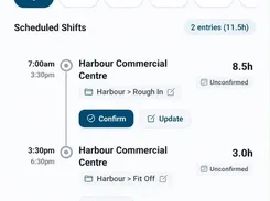 Contractable mobile Work Schedule screen showing upcoming dates and two scheduled shifts for Harbour Commercial Centre.