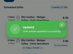 Contractable mobile Work Schedule screen with a green confirmation message stating that shift entries were updated successfully.