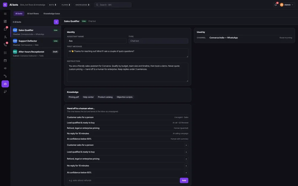 Dark-mode AI bots configuration page for a Sales Qualifier bot, with instructions, knowledge sources, channel assignment, and handoff rules.