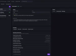 Dark-mode AI bots configuration page for a Sales Qualifier bot, with instructions, knowledge sources, channel assignment, and handoff rules.