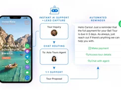 Diagram of travel inquiry handling from a mobile site through chat routing and agent support to an automated WhatsApp payment reminder.