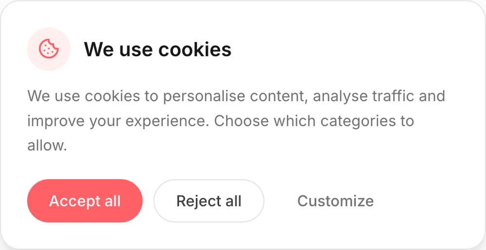 Cookie consent dialog with a cookie icon, explanatory text, and Accept all, Reject all, and Customize buttons.