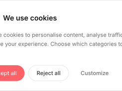 Cookie consent dialog with a cookie icon, explanatory text, and Accept all, Reject all, and Customize buttons.