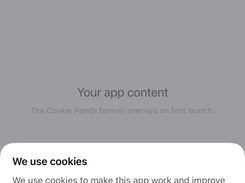 Mobile app screen with a dimmed background and a Cookie Panda cookie-consent sheet offering Accept all, Reject all, and Customize.