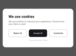 Centered desktop cookie-consent modal on a dark overlay with Reject all, Accept all, and Customize buttons.