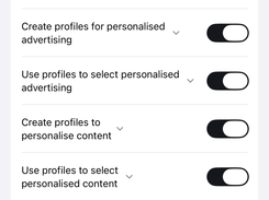 Mobile Privacy preferences screen listing advertising, content, measurement, and audience purposes with switches, Save choices, and Accept all buttons.