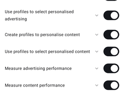 Mobile Privacy preferences screen listing consent purposes with toggle switches and Save choices and Accept all buttons.