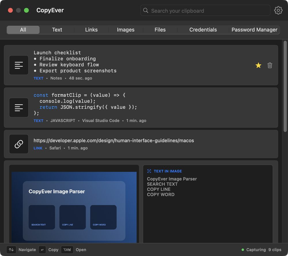 CopyEver clipboard archive with text, JavaScript code, a web link, and an image item shown in a scrollable list.