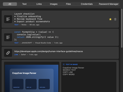 CopyEver clipboard archive with text, JavaScript code, a web link, and an image item shown in a scrollable list.