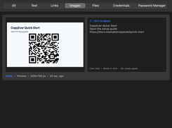 CopyEver Images tab showing a QR-code quick-start image alongside extracted text labeled “TEXT IN IMAGE.”