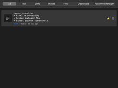 CopyEver dark-mode clipboard manager showing search results with category tabs and a saved “Launch checklist” text clip.