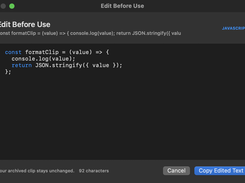 CopyEver “Edit Before Use” window editing a JavaScript clipboard clip, with Cancel and Copy Edited Text buttons.