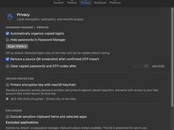 CopyEver Settings window on the Privacy tab with local encryption, password-manager, archive-protection, and exclusion controls.