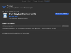 CopyEver Settings window on the Premium tab showing a lifetime purchase option, price, purchase button, and license-number activation field.