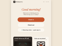Branded welcome screen: check-in, check-out, returning-visitor quick sign-in, QR invite scan and touchless phone check-in