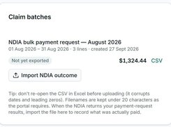 An NDIA bulk payment request: its CSV for the provider portal, and the NDIA's outcome imported back