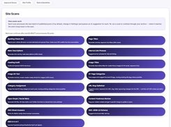 Coretex SEO dashboard showing workflow score gauges, Site Scans options for SEO tasks, and Robots.txt and sitemap submission sections.