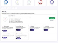 Coretex SEO Audit dashboard with workflow score gauges, a Visual SEO Score panel, and run-check cards for site analysis, technical audit, local SEO, broken links, duplicate title/meta, and canonical issues.