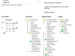 The Edit Rights screen in Orange Logic allows you to set term dates for assets, as well as territories and other usage restrictions.