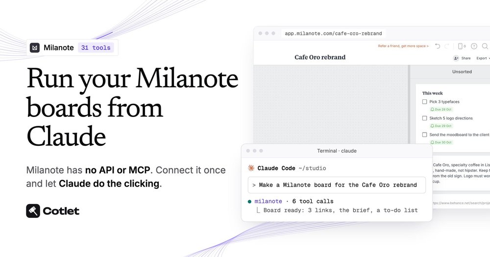 Promotional graphic showing a Milanote board in a browser window and a Claude Code terminal panel with a Cotlet Milanote tool call.