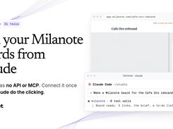 Promotional graphic showing a Milanote board in a browser window and a Claude Code terminal panel with a Cotlet Milanote tool call.